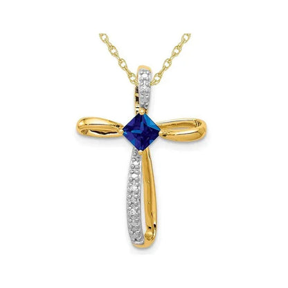 2/5 Carat (Ctw) Lab Created Blue Sapphire Cross Pendant Necklace in 14K Yellow G