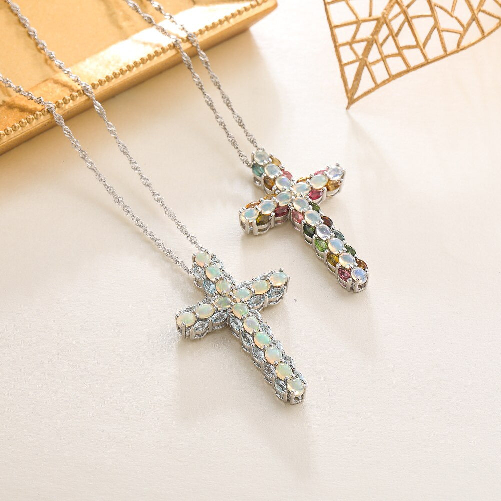 Real 925 Sterling Silver Cross Pendant for Women Natural Opal Tourmaline Mixed