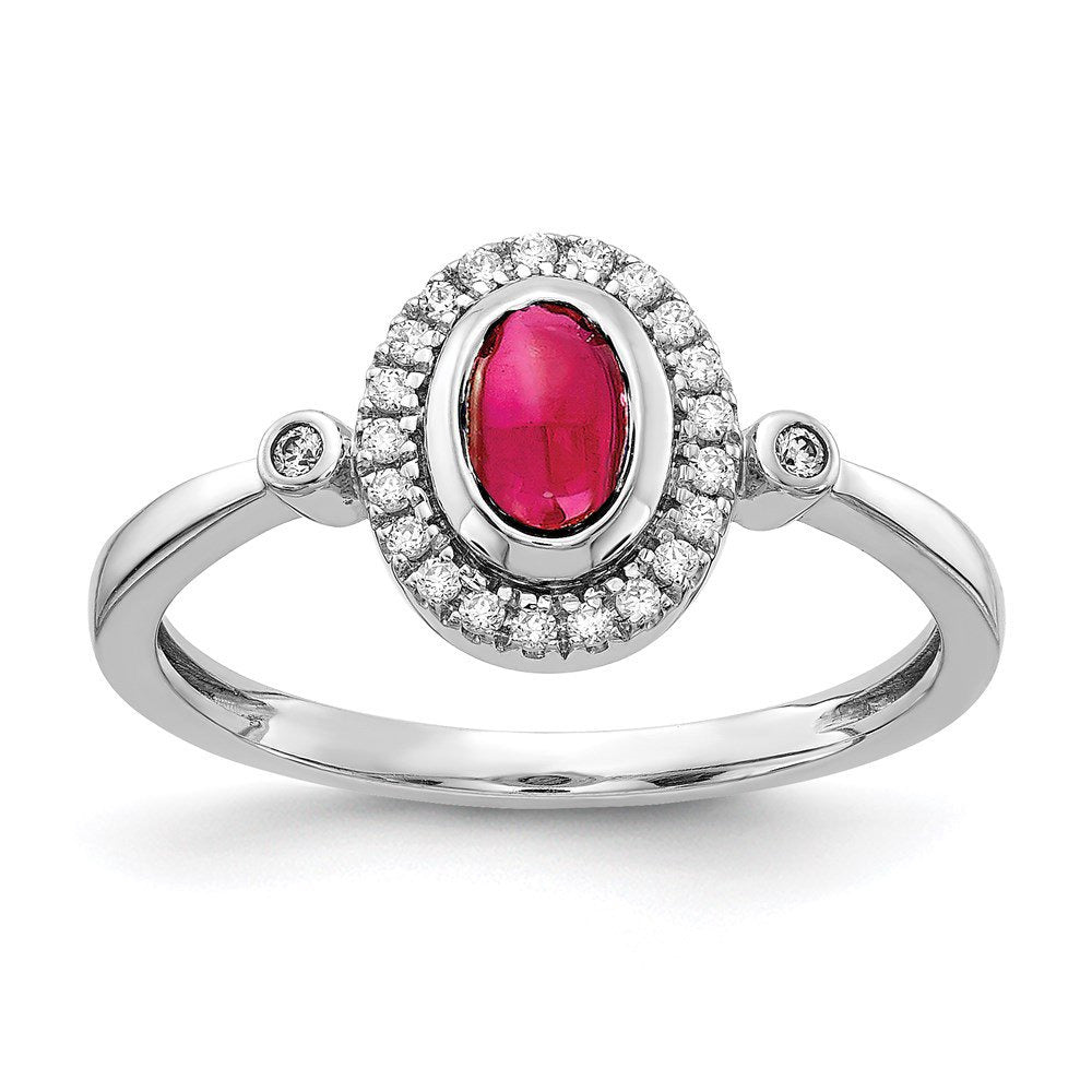 Real 14Kt White Gold Diamond and Oval Cabochon Ruby Halo Ring Size: 7; for Adult
