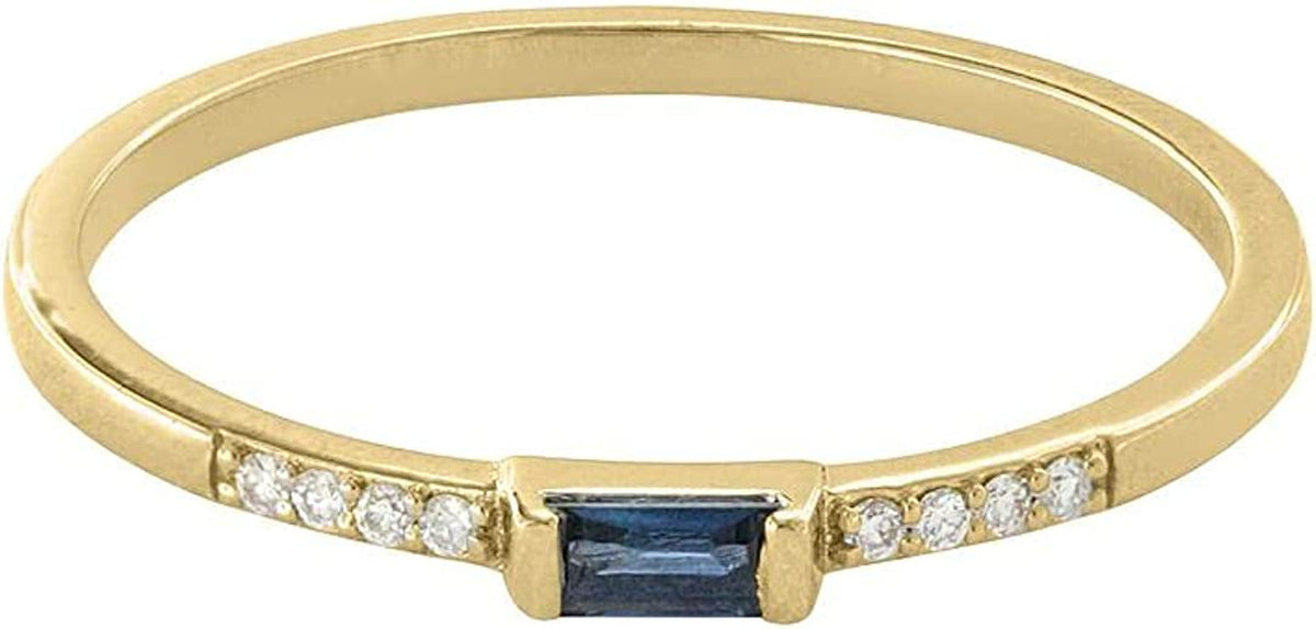 14K Gold Genuine Diamond and Baguette Blue Sapphire Gemstone Ring Fine Jewelry