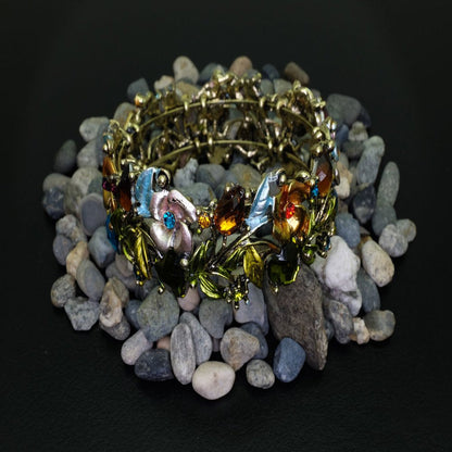 Vintage Flower Bracelet Bangle Crystal Beads Hand-Painted Antique Gold - Multi
