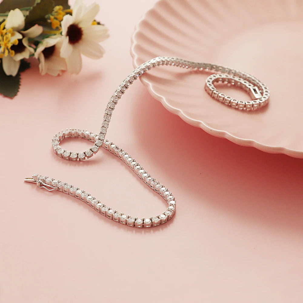 Solid 925 Sterling Silver Tennis Necklace(41-55Cm, 16-22 Inch) Bracelet(15-21Cm)