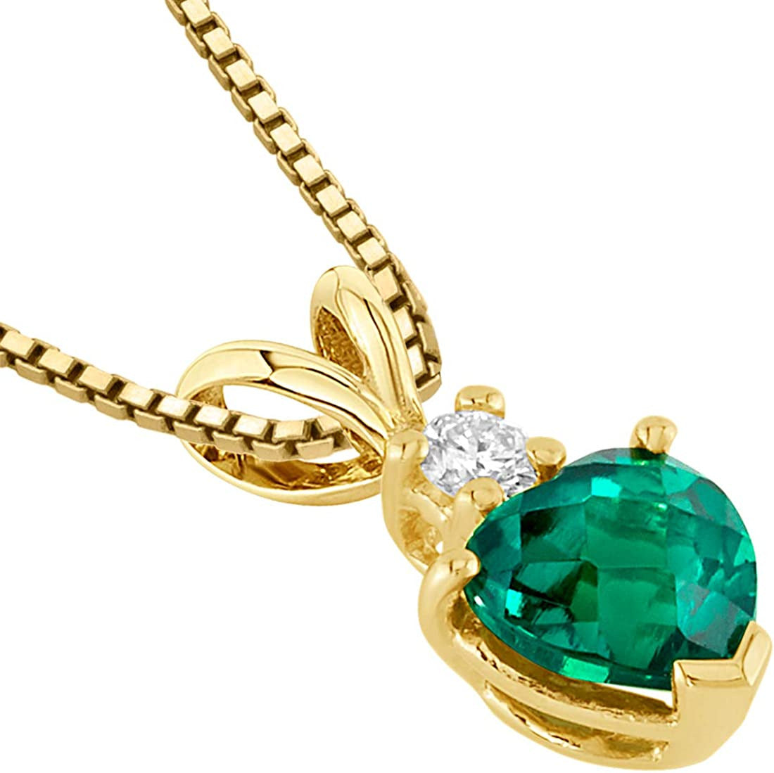 Created Emerald with Genuine Diamond Pendant in 14 Karat Yellow Gold, Heart Shap