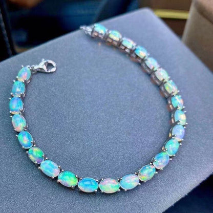Natural Opal Simple Bracelet 925 Sterling Silver Colorful Stone Bangle for Women