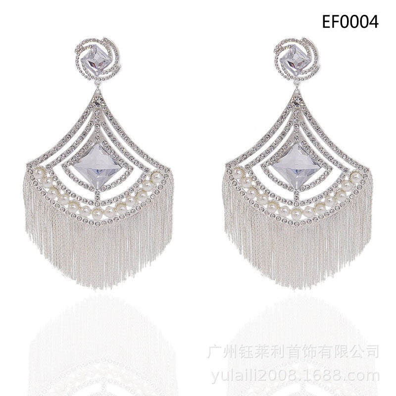 24K Gold-Plated Luxury Diamond Pearl Tassel Long Earrings Fashion Personality Ex