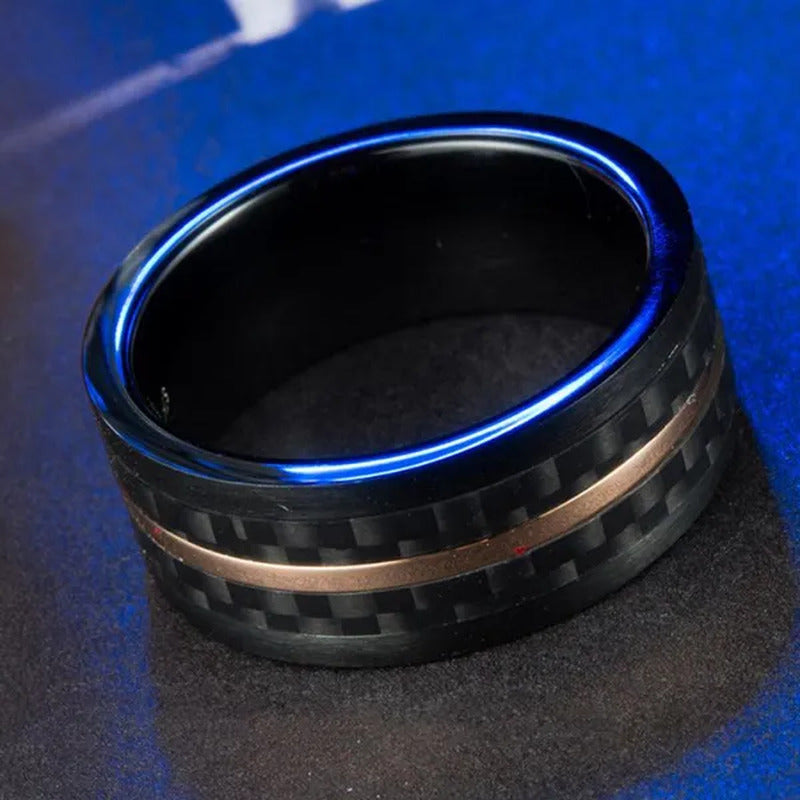 8Mm Wide Mens Stainless Steel Carbon Fiber Ring Engagement Wedding Band Exquisit