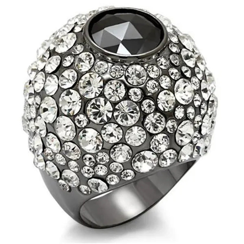 Women TIN Cobalt Black Brass Ring with AAA Grade CZ in Black Diamond - Size 8