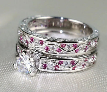 Heart 1Ct CZ Ruby 10KT White Gold Filled Claddagh Ring Sets Women'S Wedding Ring