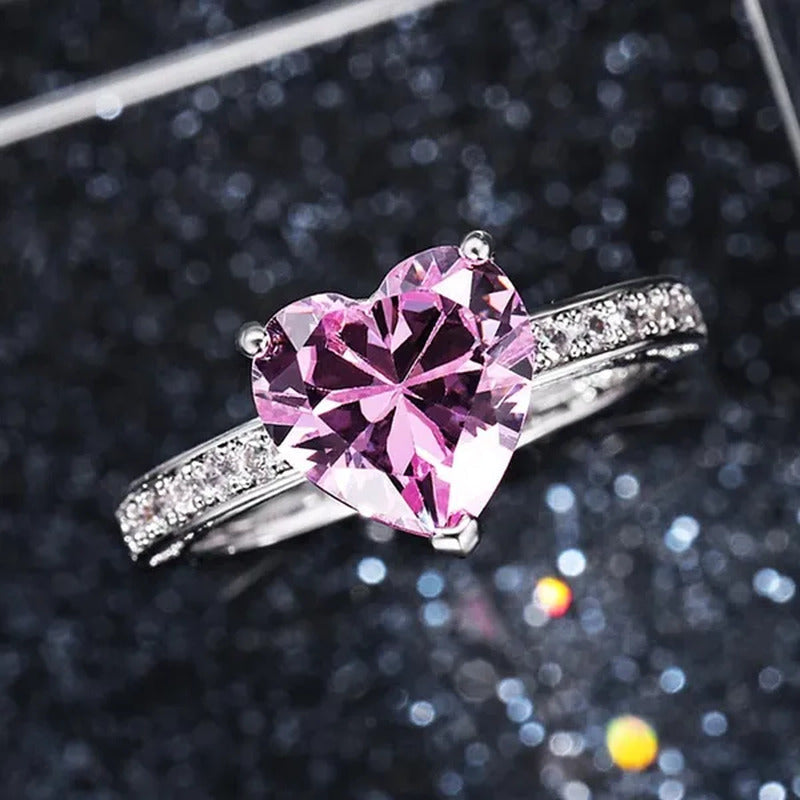 Luxury Solitaire Women Heart Diamond Engagement Rings AAAA Pink Sapphire Proposa