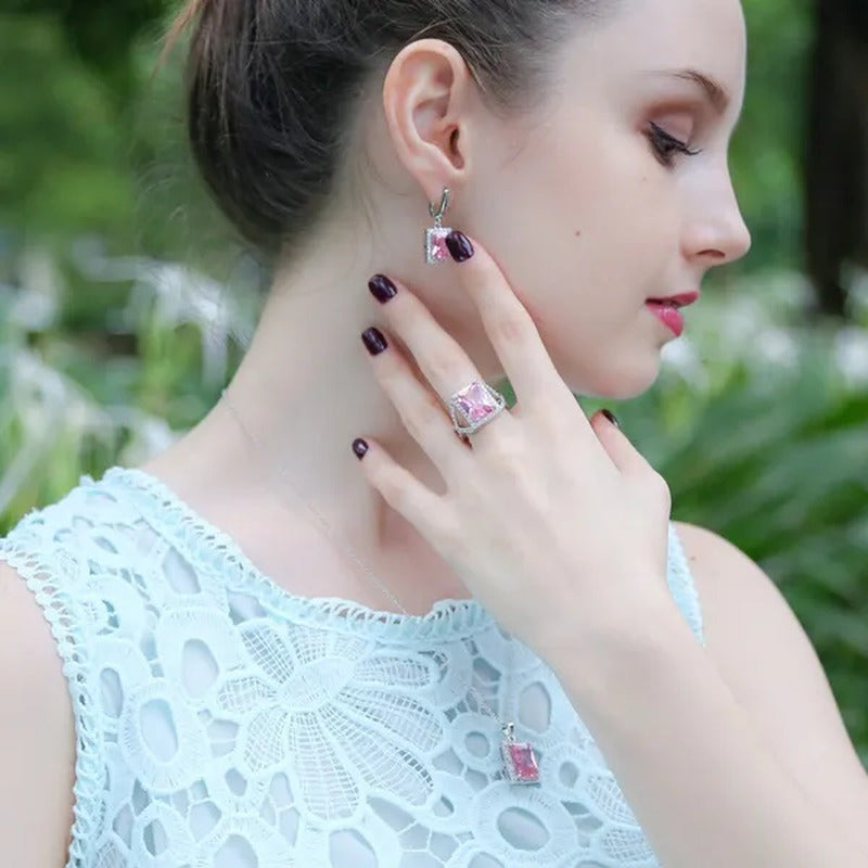 Gloriya Elegant Amethyst Purple CZ Square Pendant Chain Necklace Earrings and Ri