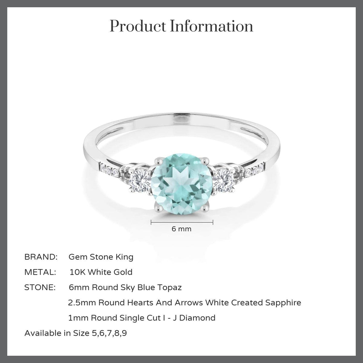 10K White Gold Sky Blue Topaz White Created Sapphire and Diamond Accent 3-Stone