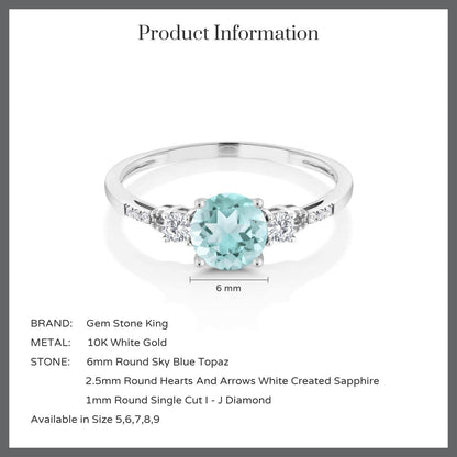 10K White Gold Sky Blue Topaz White Created Sapphire and Diamond Accent 3-Stone