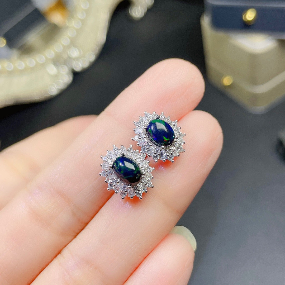 Colorful Black Opal Set Ring Pendant Earrings Gemstone Silver Inlaid Light Luxur