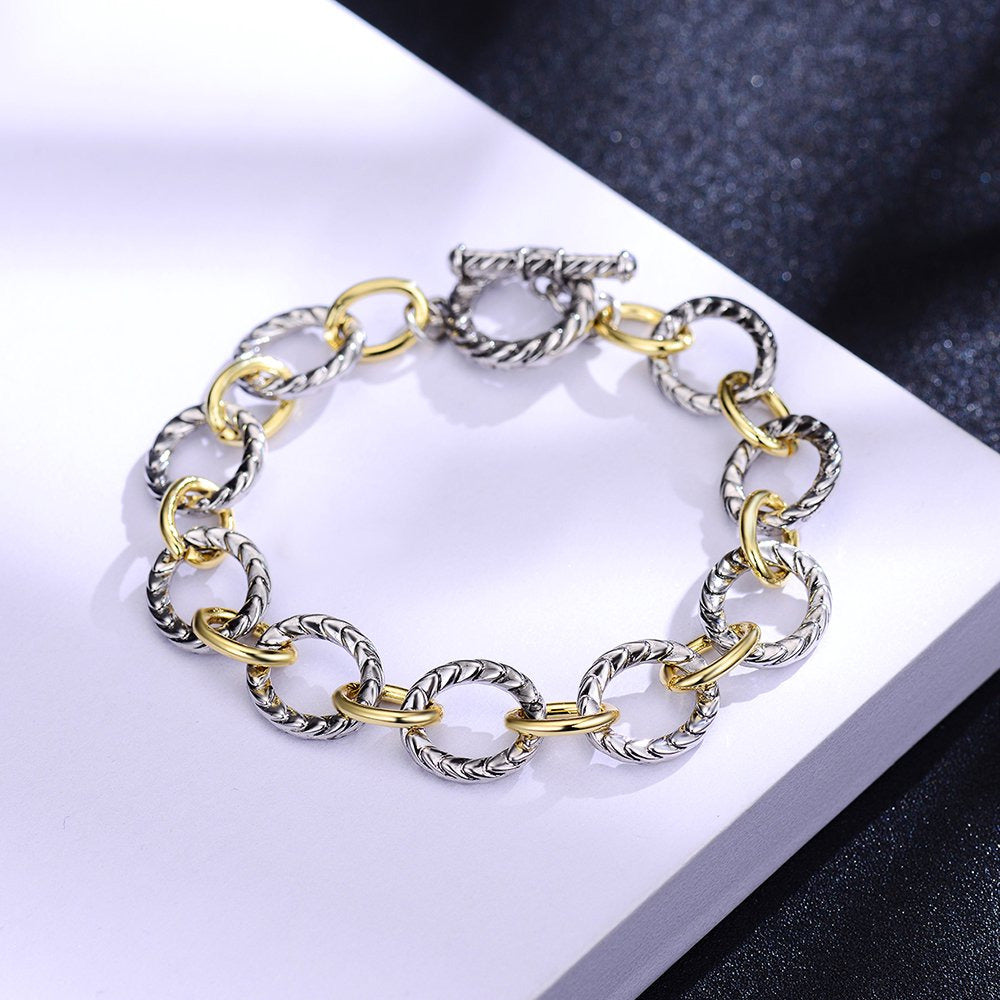 Link Bracelet Two Tone Circles Chain Silver and Gold Wire Cable Bangle Designer