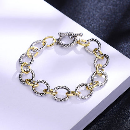 Link Bracelet Two Tone Circles Chain Silver and Gold Wire Cable Bangle Designer