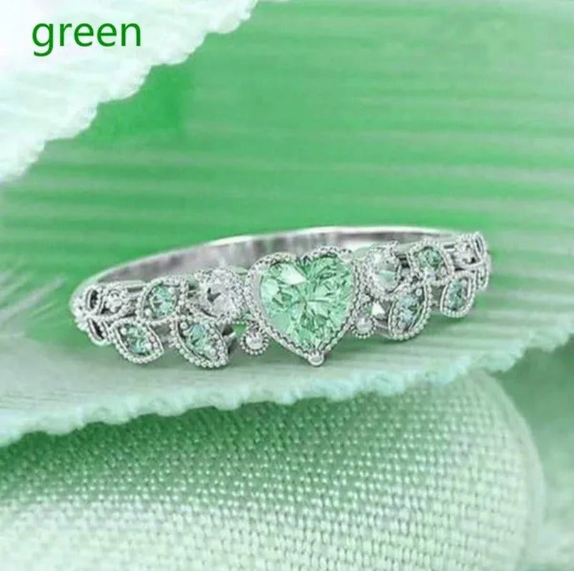 Exquisite Woman Fashion Sterling Silver Natural Pink Gem Rhinestones Leaf Heart