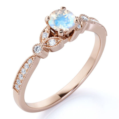 1.25 Ct - round Real Rainbow Moonstone Ring - June Birthstone - Vintage Engageme