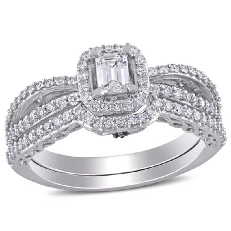 Allura 0.68 CT. T.W. Emerald and Round-Cut Diamond Bridal Set in 14K White Gold
