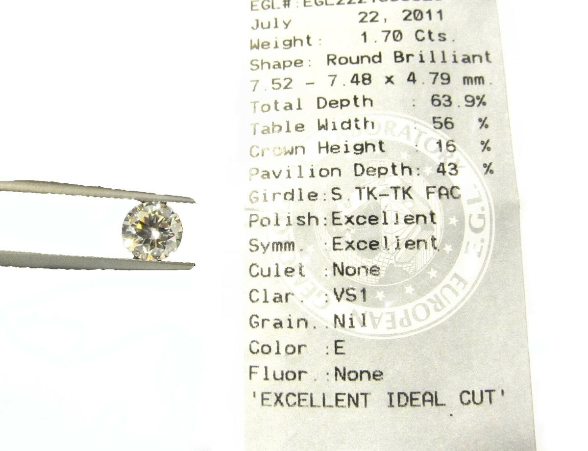 EGL CERTIFIED DIAMOND ROUND BRILLIANT DIAMOND E VS1 LOOSE DIAMOND 1.70 CT TOTAL