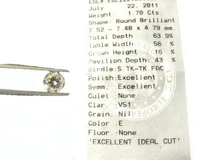 EGL CERTIFIED DIAMOND ROUND BRILLIANT DIAMOND E VS1 LOOSE DIAMOND 1.70 CT TOTAL