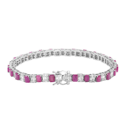 Emerald Cut Ruby and Diamond Tennis Bracelet 14K White Gold 7 Inches