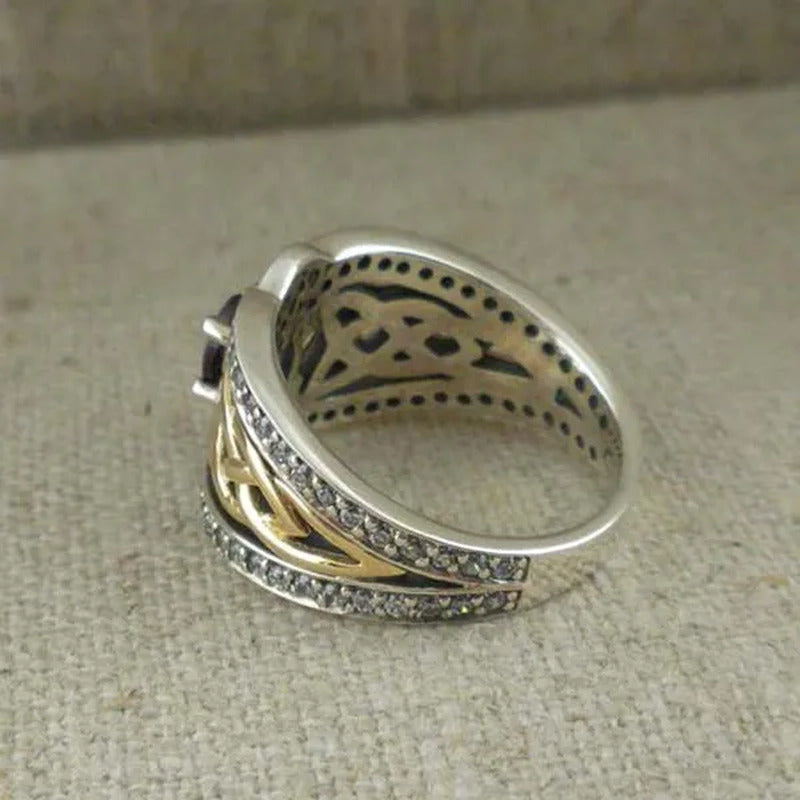 Vintage Women'S Fashion Two Tone Silver & Gold Red Ruby & Blue Sapphire Celtic R