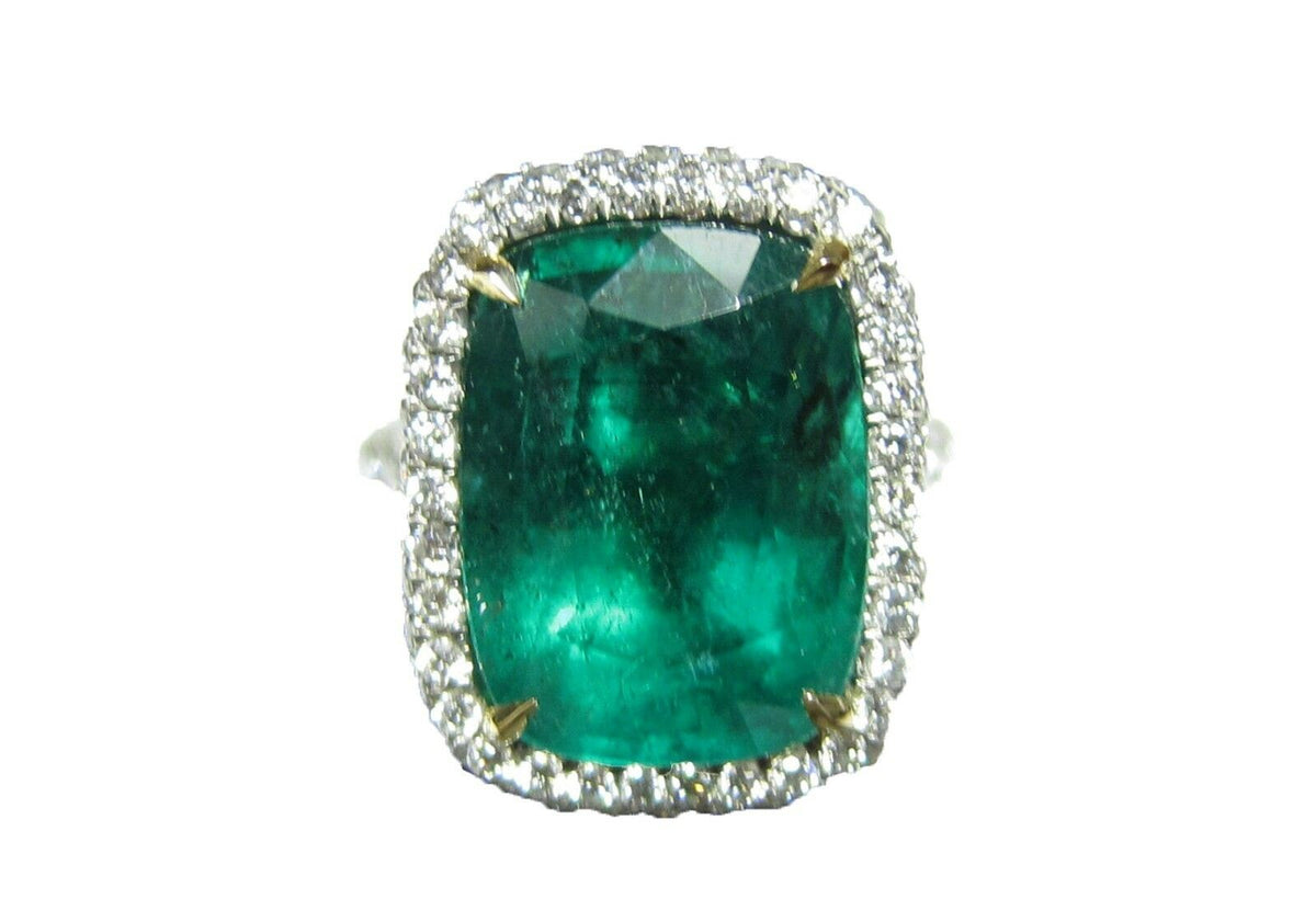 EMERALD CUSHION SHAPE 9.10 CT DIAMOND ROUND BRILLIANT SHAPE RING PLATINUM