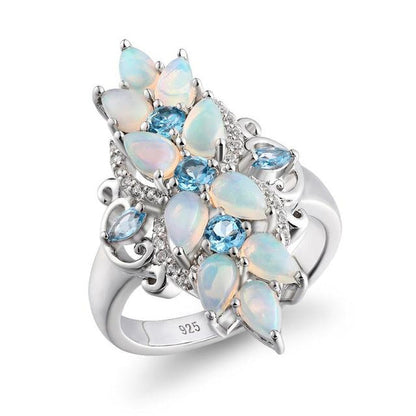 Original 925 Sterling Silver Rings for Women Natural Pear Opal Blue Topaz Gem