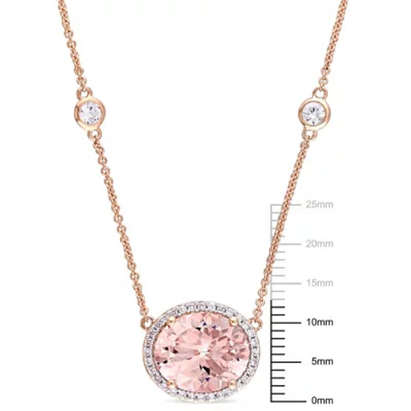 Morganite and White Sapphire with 0.13 CT.T.W. Diamond Station Halo Necklace in