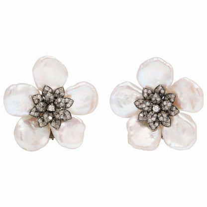 Pearl Leaf and Diamond Flower Earring