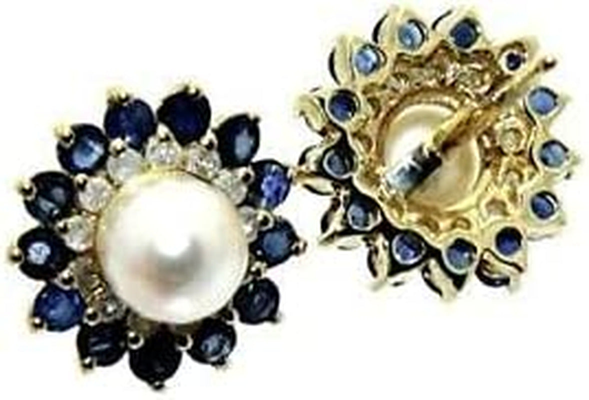 Vintage 14K Yellow Gold Plated 1.36Ct Sapphire Pearl Diamond Floral Stud Earring