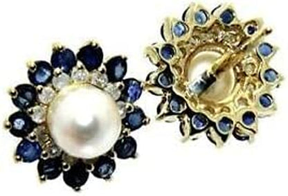 Vintage 14K Yellow Gold Plated 1.36Ct Sapphire Pearl Diamond Floral Stud Earring