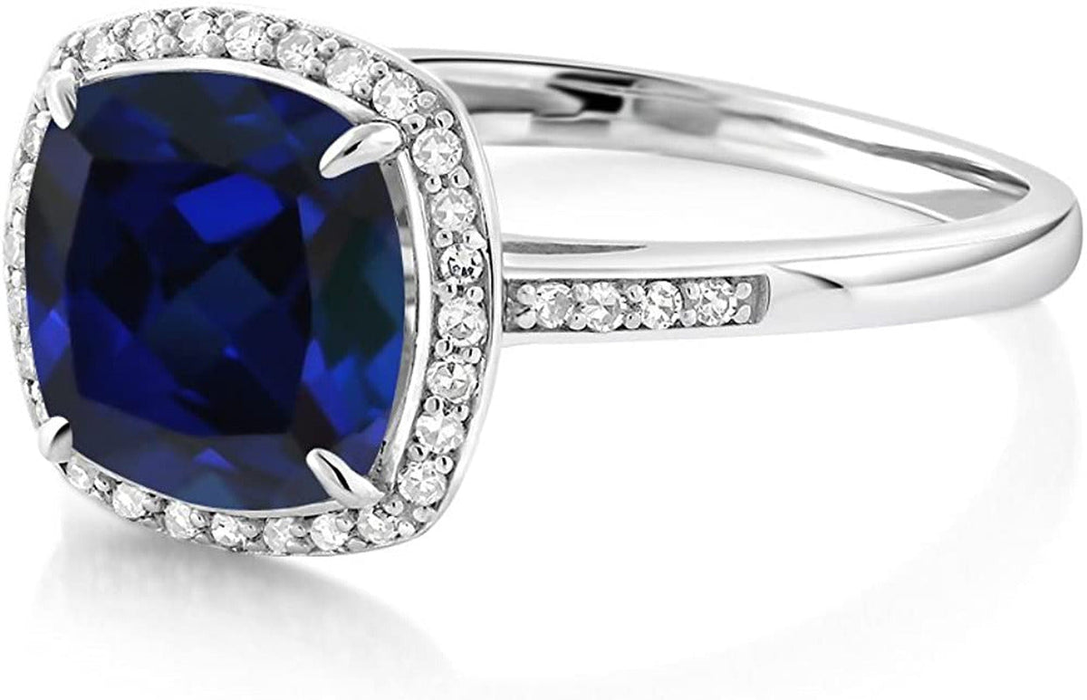 10K White Gold Blue Created Sapphire and Accent Diamond Women'S Engagement Ring