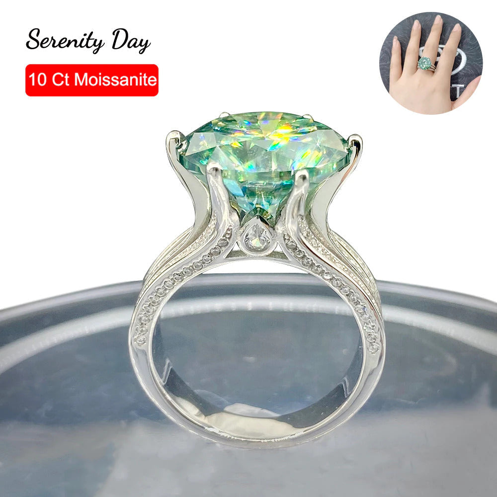 10 Carat Green Color Moissanite Ring S925 Silver Plate Pt950 White Gold