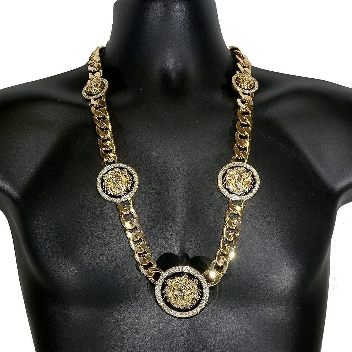 15Mm Gold Chain with Five Headed Lion Pendant Iced Lab Diamond CZ | 14K Gold Pla