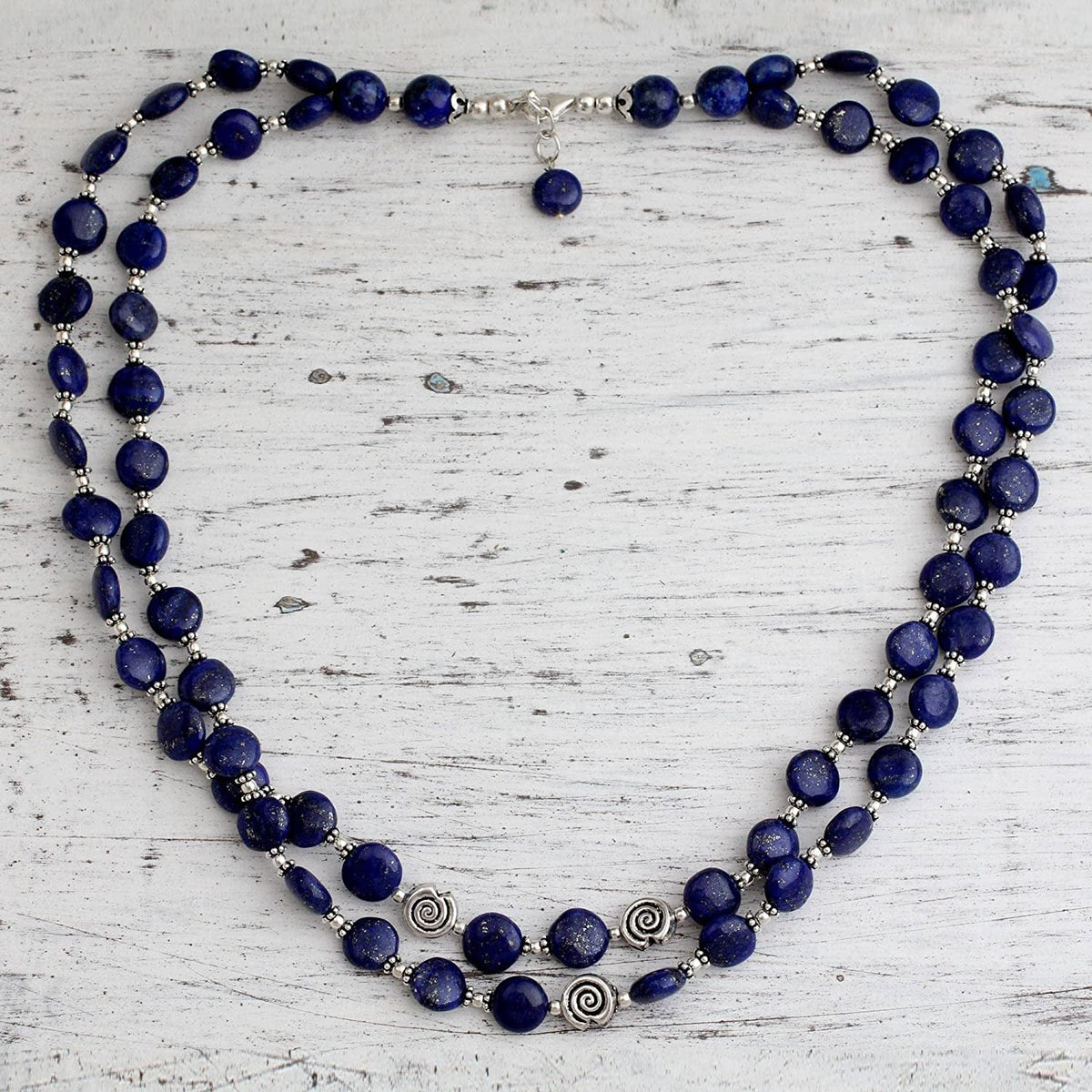 Lapis Lazuli .925 Sterling Silver Beaded Strand Necklace 'Midnight Breeze'