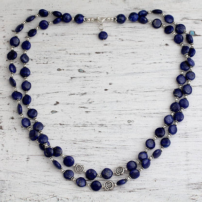 Lapis Lazuli .925 Sterling Silver Beaded Strand Necklace 'Midnight Breeze'