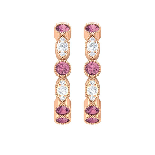 3/4 CT Pink Tourmaline and Diamond Hoop Earrings, Pink Tourmaline Vintage Earrin