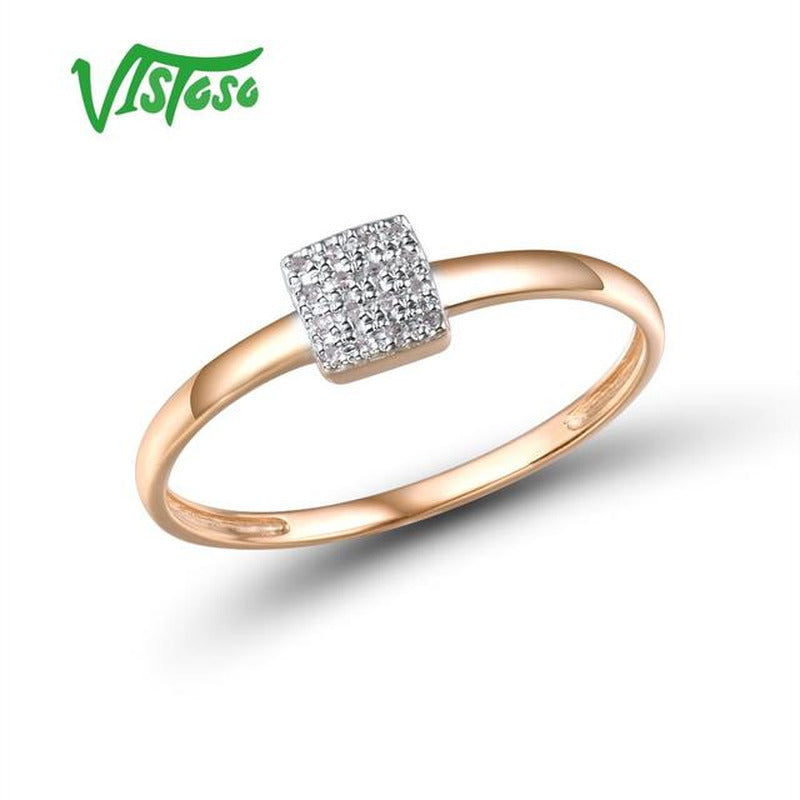 Pure 14K 585 Rose White Gold Sparkling Diamond Delicate Square Ring for Women