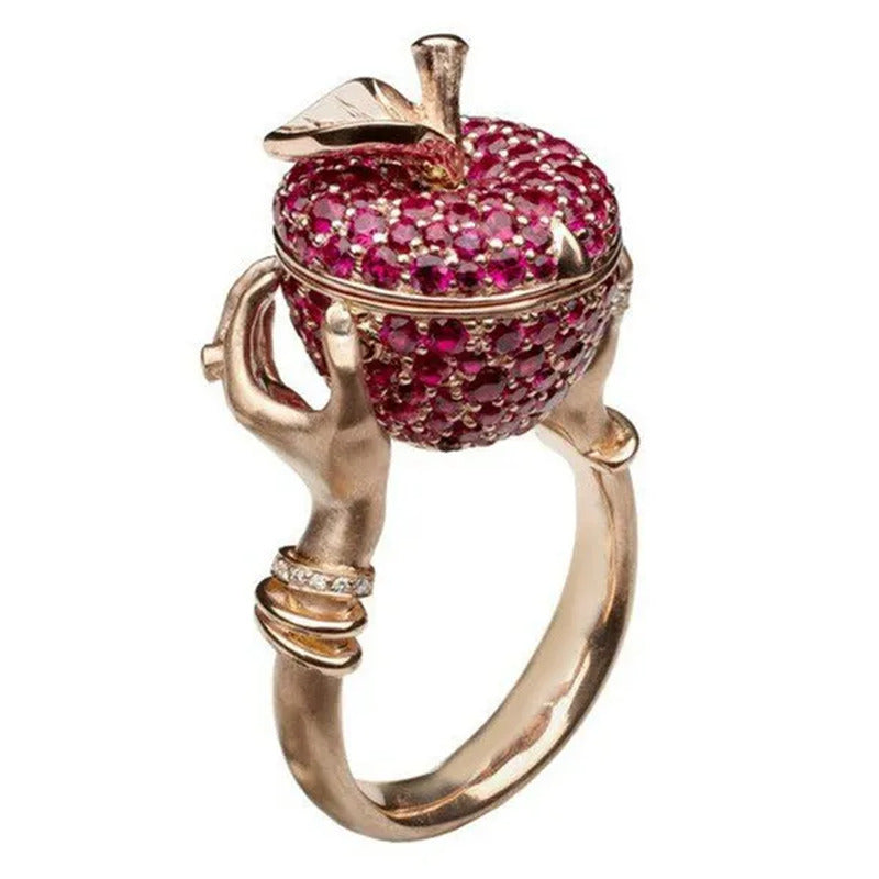 Luxury Crystal Apple Wedding Ring Unisex Punk Hip Hop Secret Compartment Rings f