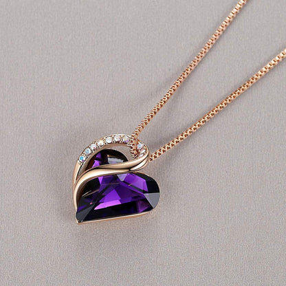 18K Rose Gold Plated Love Heart Pendant Necklace with Healing Stone Crystal Jewe