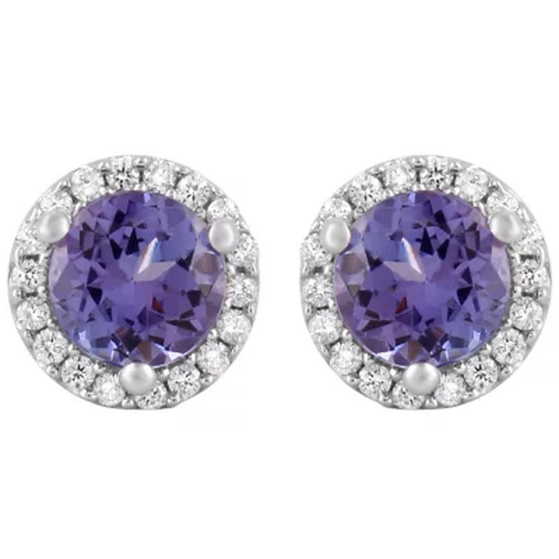 Round Tanzanite and 0.15 CT. T.W. Diamond Halo Earrings in 14K White Gold
