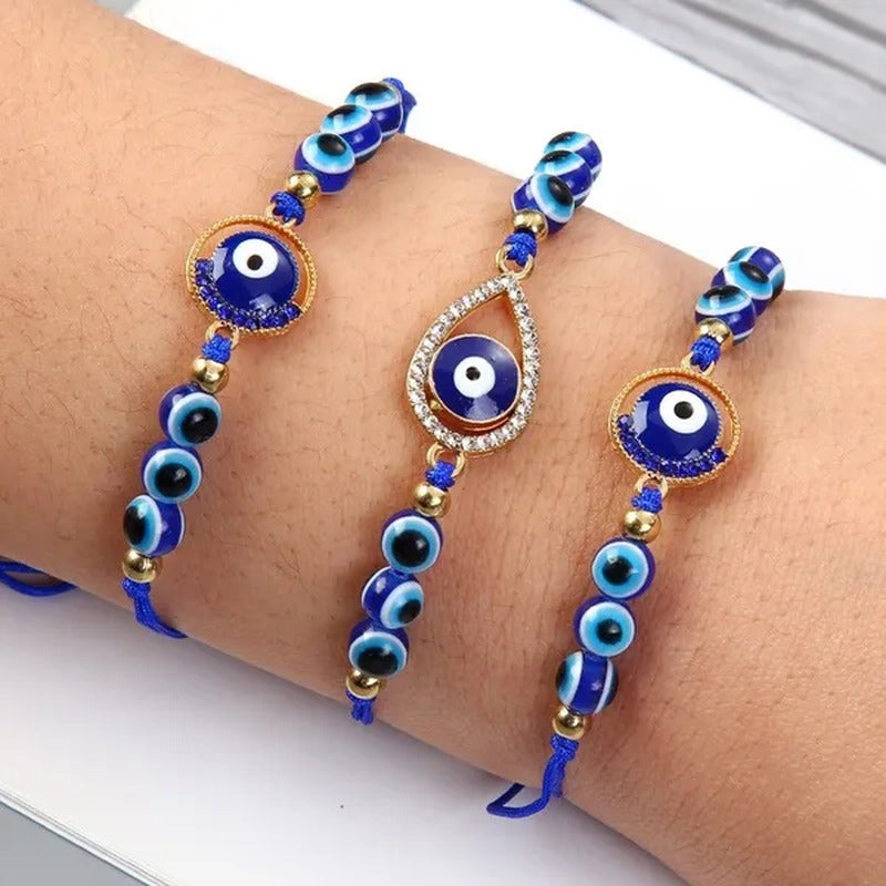 12 Pcs/Set Bohemian Handmade Braided Rope Charm Bracelets Rhinestone Blue round