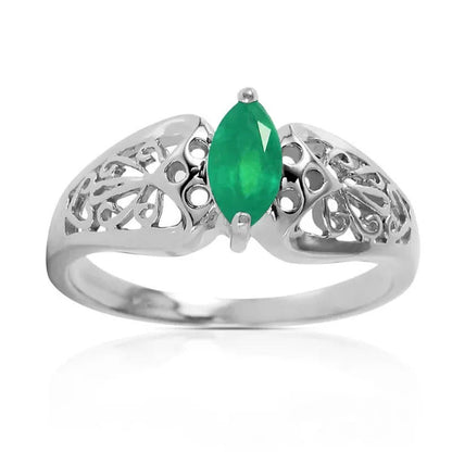 14K White Gold Filigree Ring with Natural Marquis-Shaped Emerald