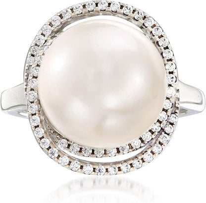 Italian 12Mm Cultured Pearl and .78 Ct. T.W. CZ Ring in Sterling Silver