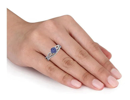 1.00 Carat (Ctw) Tanzanite Engagement Ring & Wedding Band in 10K White Gold with