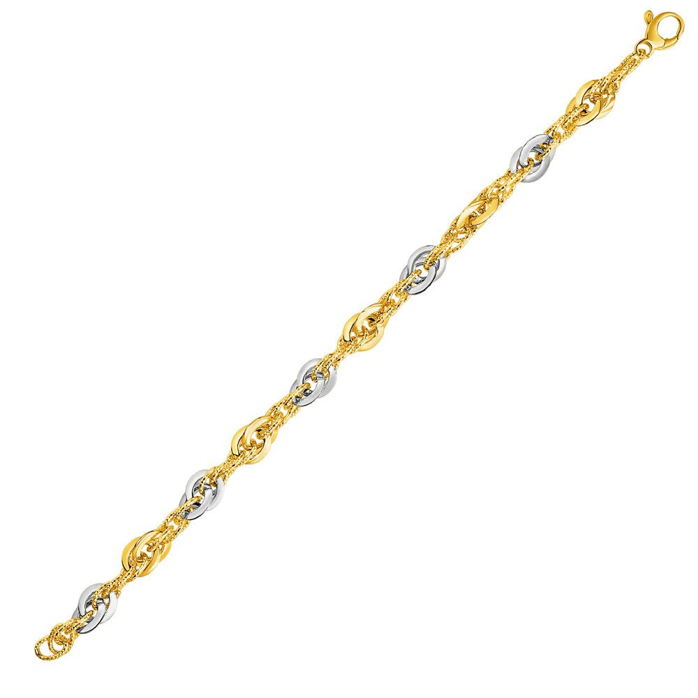 14K Two-Tone Yellow White Gold Double Link Textured Bracelet 7.5 In