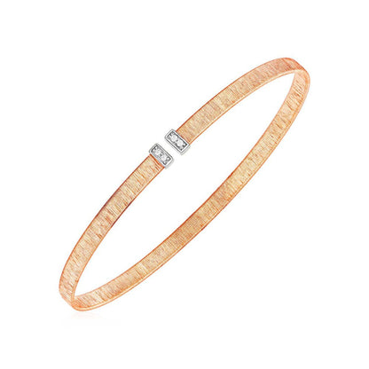 14K Two Tone Gold Narrow Silk Textured Cuff Bangle Diamonds 6.7 Grams