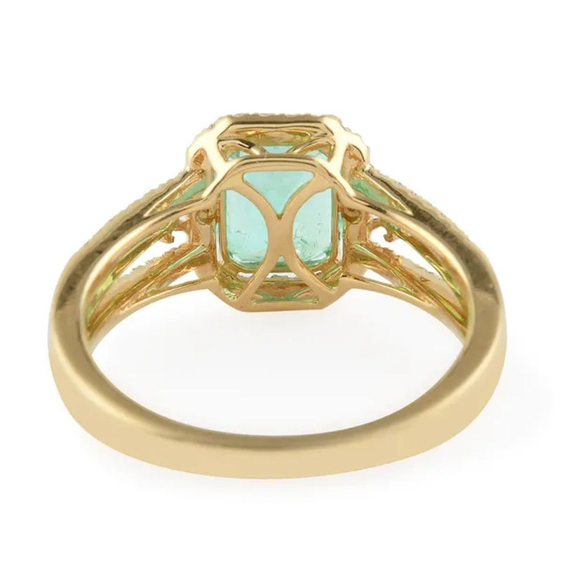 ILIANA 18K Yellow Gold Octagon AAA Emerald White Diamond Halo Engagement Ring Wo