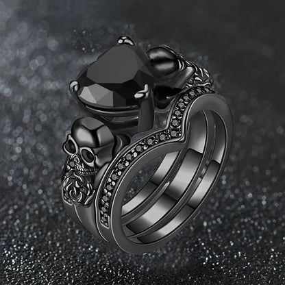 Gothic Skull Black Rings Set Women Rose Flower Red Purple Heart Love Zircon Crys